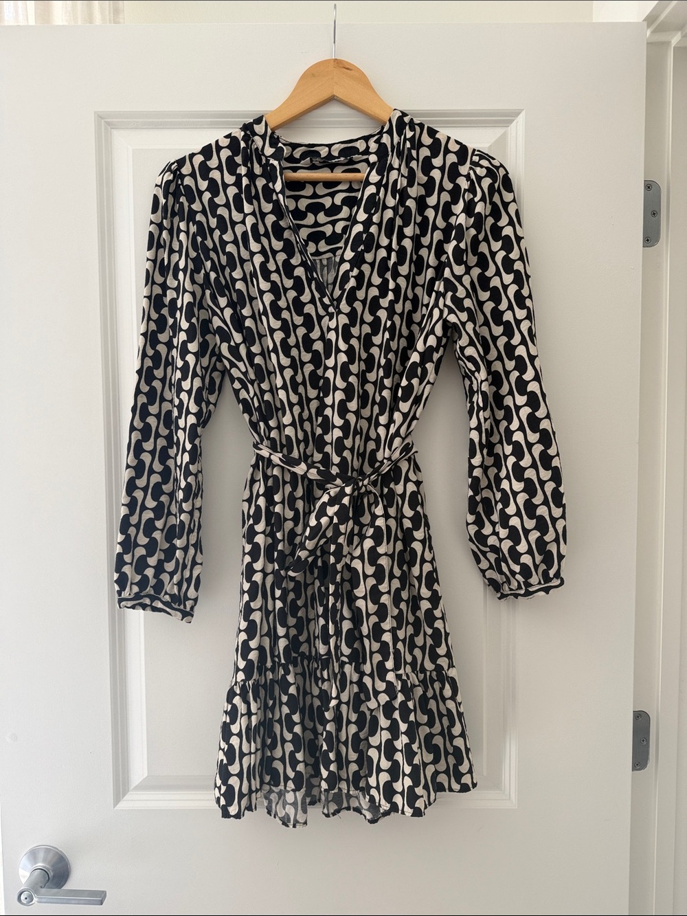 Zara Black and White Geometric Wrap Dress - Long Sleeve